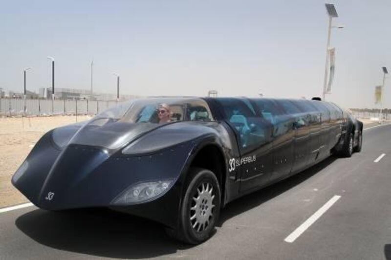 Abu Dhabi,  United Arab Emirates ---  April 18, 2011  ---  Masdar City showcased their Superbus and provided the opportunity to see it on the road on Monday, April 18, 2011, with its designer, Antonia Terzi, navigating from behind the wheel.   ( DELORES JOHNSON / The National )