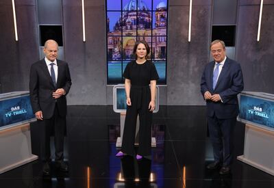 Election candidates Olaf Scholz, Annalena Baerbock and Armin Laschet were not asked about foreign policy in their final TV debate. Getty 