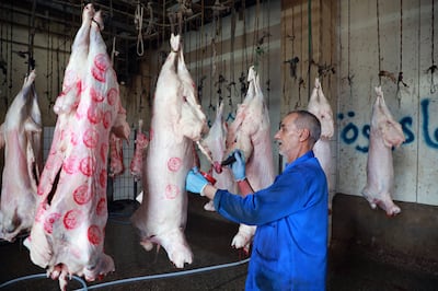 A worker butchers sacrificial sheep ahead of Eid Al Adha at a slaughterhouse in Cairo. EPA