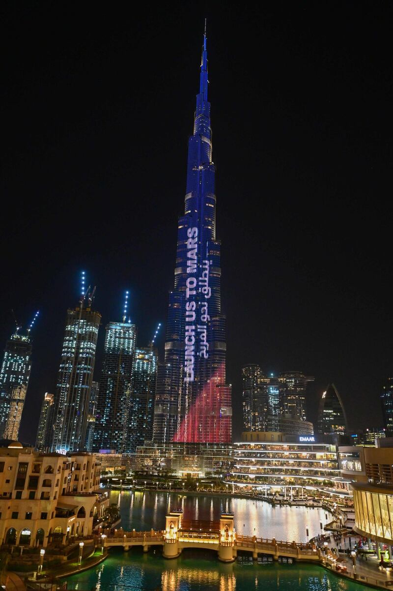 Burj Khalifa lit up in support of the Hope probe.  AFP