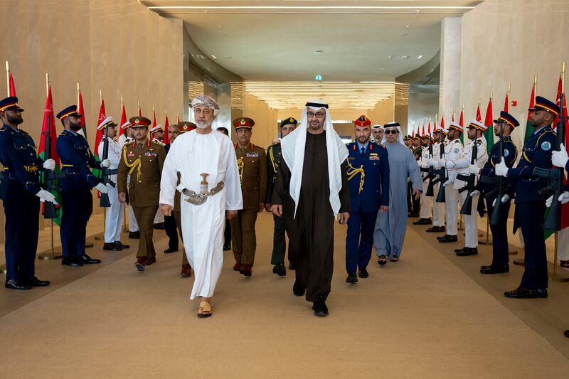 President Sheikh Mohamed bids farewell to Sultan Haitham of Oman, at the Presidential Airport in Abu Dhabi