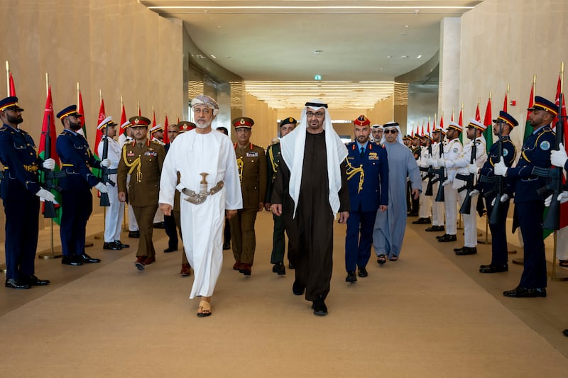 President Sheikh Mohamed bids farewell to Sultan Haitham of Oman, at the Presidential Airport in Abu Dhabi