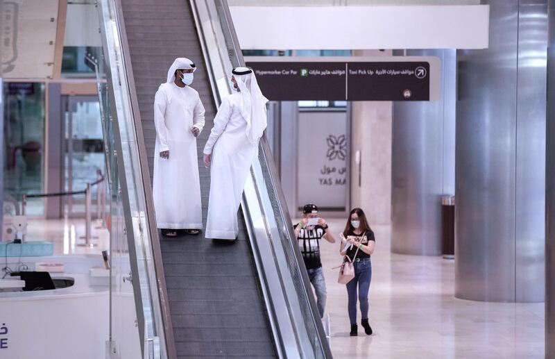 Abu Dhabi, United Arab Emirates, May 9, 2020.  Yas Mall, Abu Dhabi will be open from noon to 9pm. Supermarkets and pharmacies will be open from 9am to midnight.  Mall shoppers during the Coronavirus pandemic.
Victor Besa/The National
Section:  NA
Reporter: