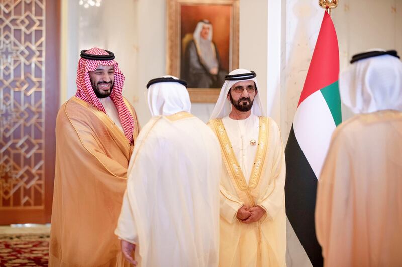 Sheikh Mohammed bin Rashid, UAE Vice President and Ruler of Dubai, receives Saudi Crown Prince Mohammed bin Salman at Zabeel Palace. Wam