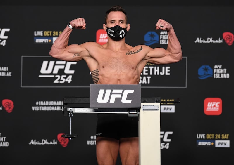 ABU DHABI, UNITED ARAB EMIRATES - OCTOBER 23: Michael Chandler poses on the scale during the UFC 254 weigh-in on October 23, 2020 on UFC Fight Island, Abu Dhabi, United Arab Emirates. (Photo by Josh Hedges/Zuffa LLC)
