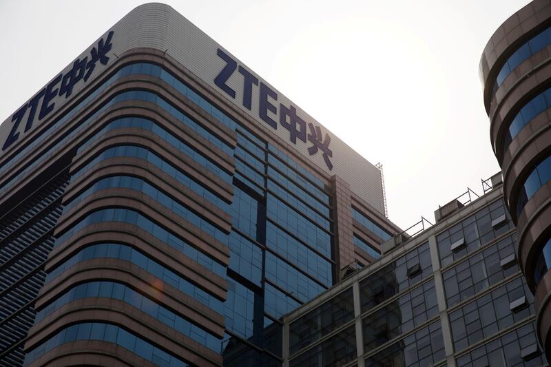 FILE PHOTO: The logo of ZTE Corp is seen on its building in Beijing, China April 19, 2018.  REUTERS/Stringer  ATTENTION EDITORS - THIS IMAGE WAS PROVIDED BY A THIRD PARTY. CHINA OUT. NO COMMERCIAL OR EDITORIAL SALES IN CHINA