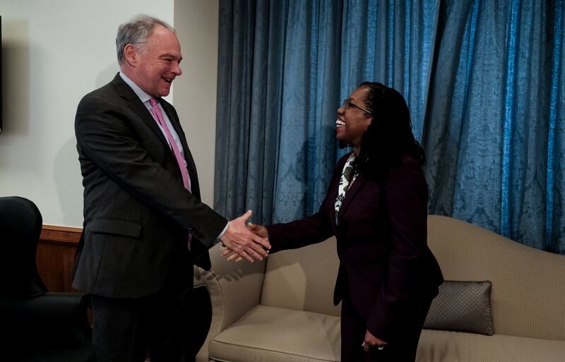 Ms Brown Jackson meets US Democratic Senator Tim Kaine, of Virginia, on Capitol Hill. Reuters