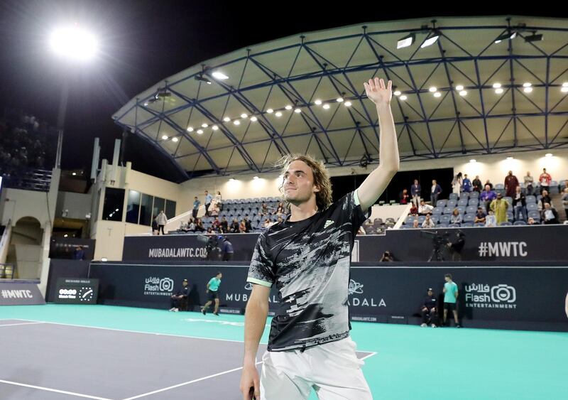 Abu Dhabi, United Arab Emirates - Reporter: Jon Turner: Stefanos Tsitsipas celebrates after winning the semi final between Novak Djokovic v Stefanos Tsitsipas at the Mubadala World Tennis Championship. Friday, December 20th, 2019. Zayed Sports City, Abu Dhabi. Chris Whiteoak / The National