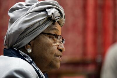 Liberia's President Ellen Johnson Sirleaf speaks during a news conference at the Presidential Palace in Monrovia, Liberia October 12, 2017. REUTERS/Thierry Gouegnon