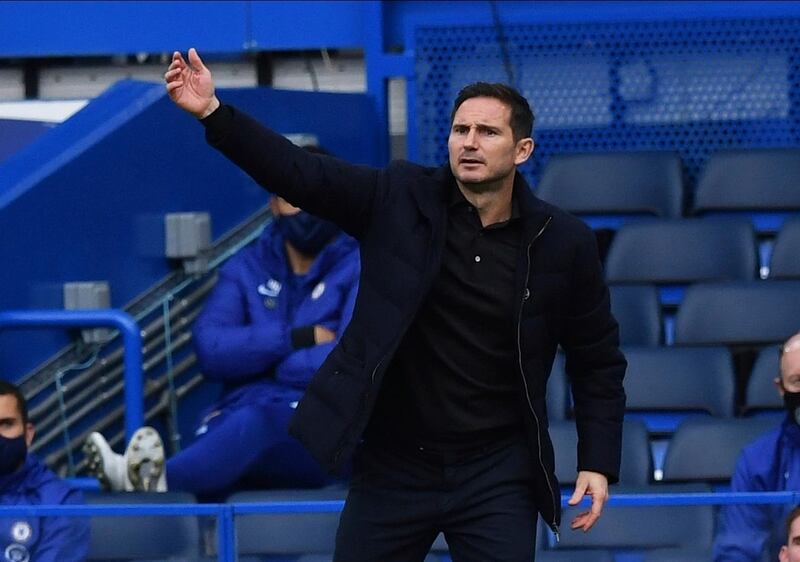 Chelsea's head coach Frank Lampard gives instructions during the English Premier League soccer match between Southampton and Chelsea at the Stamford Bridge in London, England, Saturday, Oct. 17, 2020.(Ben Stansall/Pool via AP)