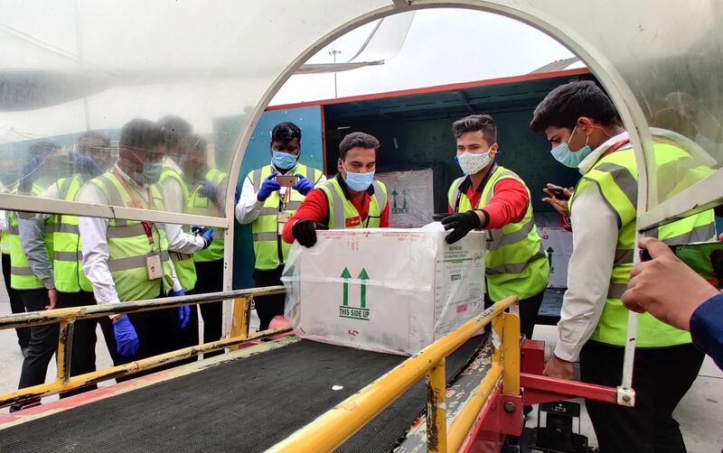 A handout photo by Bangalore Kempegowda International Airport showing the arrival of Covid-19 vaccine in Bangalore, India. EPA