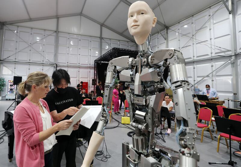 Keiichiro Shibuya, creator of the Android Opera, joins rehearsals. The robotic performers were due to make their debut in a show called 'Mirror' at Expo 2020 Dubai on March 2. All photos: Chris Whiteoak / The National