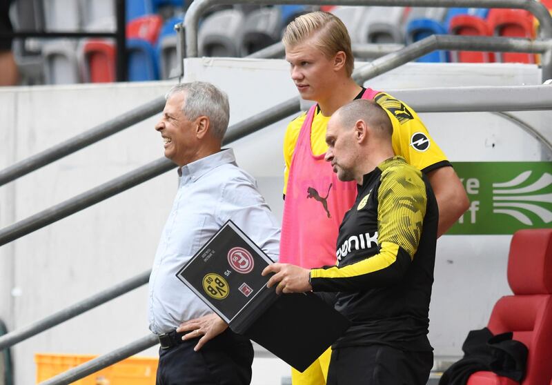 Dortmund's Erling Haaland, centre, waits for substitution on Saturday. AP