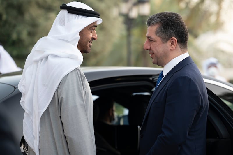 Sheikh Mohamed with Masrour Barzani, Prime Minister of the Kurdistan Regional Government in Iraq, during a Sea Palace barza. Rashed Al Mansoori / Ministry of Presidential Affairs