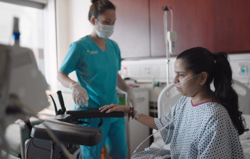 Alice Augustin, one of the patients featured, was working as a school nurse and was seven months' pregnant when she caught Covid-19 in January 2021. Photo: Screengrab / Films by Nomad
