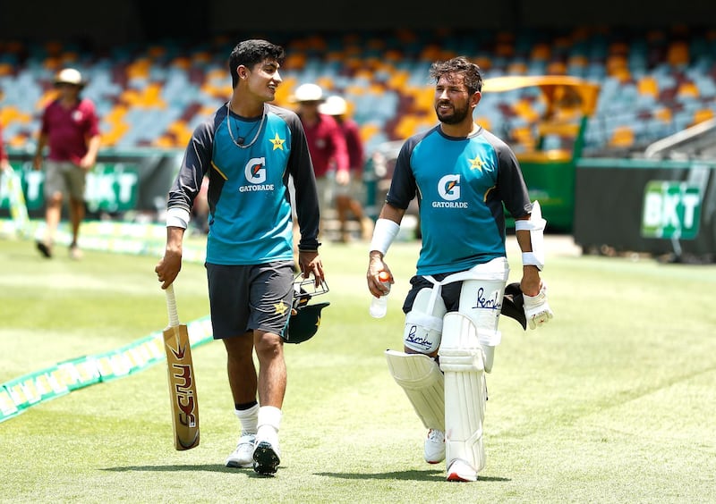 Naseem Shah, left, and Yasir Shah of Pakistan during training at the Gabba ahead of the first Test against Australia. Getty