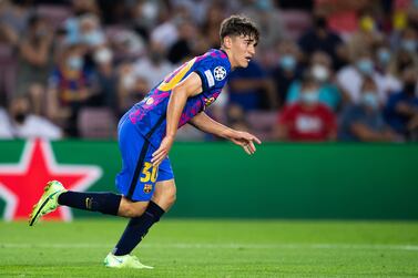 BARCELONA, SPAIN - SEPTEMBER 14: Gavi of FC Barcelona looks on during the UEFA Champions League group E match between FC Barcelona and Bayern München at Camp Nou on September 14, 2021 in Barcelona, Spain. (Photo by David Ramos / Getty Images)