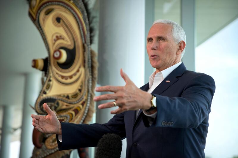 U.S. Vice President Mike Pence speaks during an informal press conference at APEC Haus in Port Moresby, Papua New Guinea, Sunday, Nov. 18, 2018. (AP Photo/Mark Schiefelbein)