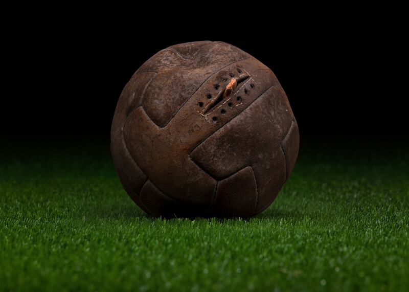The official match ball of the 1930 FIFA World Cup,
T-model, 11 panel leather ball with laces. Getty Images