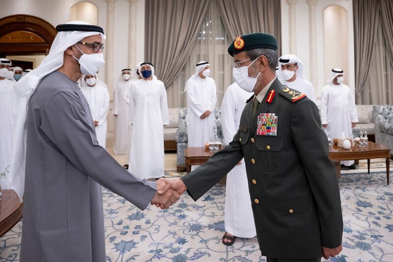 President Sheikh Mohamed receives condolences from Lt Gen Hamad Thani Al Romaithi, Chief of Staff of the Armed Forces, at Mushrif Palace.