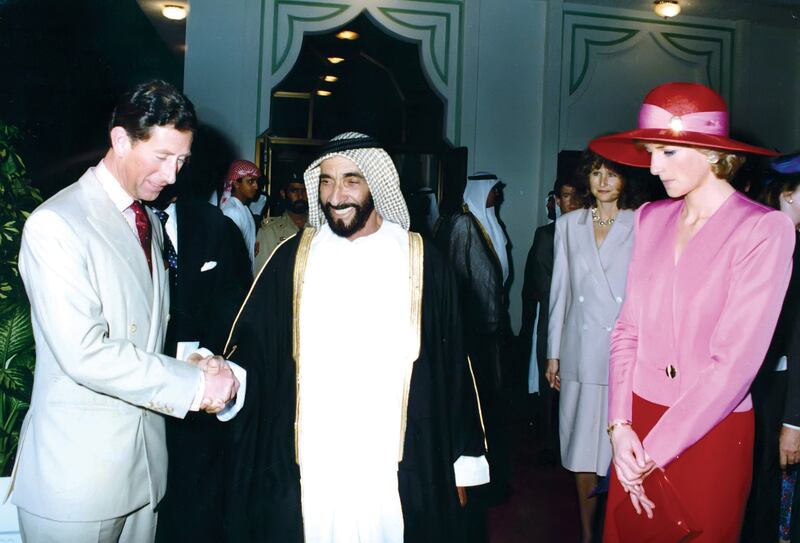 The late Sheikh Zayed bi Sultan Al Nahyan President of the UAE and HRH Prince of Wales and Princess Diana of Wales. (Courtesy Al Ittihad)