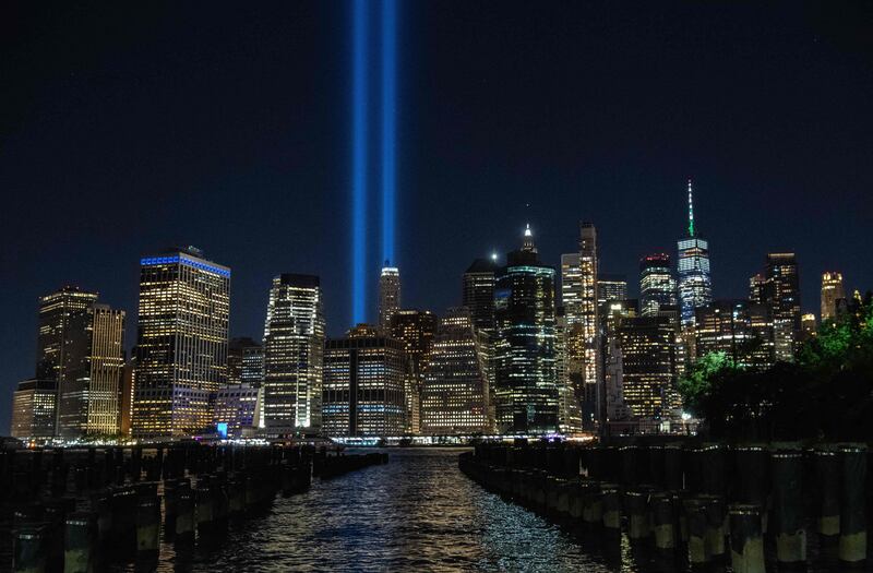 The annual 'Tribute in Light' marking the the 9/11 attacks on the World Trade Centre shines within lower Manhattan's skyline in New York.  AFP