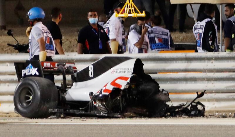 Formula One F1 - Bahrain Grand Prix - Bahrain International Circuit, Sakhir, Bahrain - November 29, 2020 General view of the wreckage of the car of Haas' Romain Grosjean after he crashed out of the race Pool via REUTERS/Hamad I Mohammed