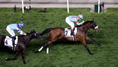 Horse Racing - Dubai World Cup - Meydan Racecourse, Dubai, United Arab Emirates - March 30, 2019  Almond Eye ridden by Christophe Lemaire wins the Dubai Turf Sponsored By Dp World  REUTERS/Ahmed Jadallah