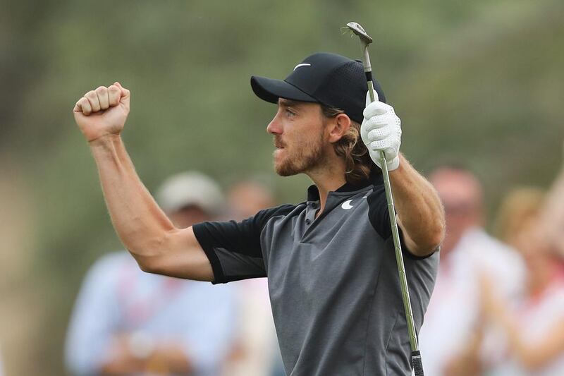 Tommy Fleetwood of England holes his eagle on 10th hole during the final round of the Abu Dhabi HSBC Championship at Abu Dhabi Golf Club on Sunday. David Cannon / Getty Images