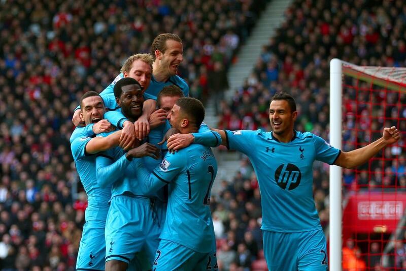 Emmanuel  Adebayor, second from the left, and his teammates gave Tim Sherwood plenty to celebrate as Tottenham Hotspur complete a fightback to give Sherwood his first win as interim coach with 3-2 victory over host Southampton. Paul Gilham / Getty Images

