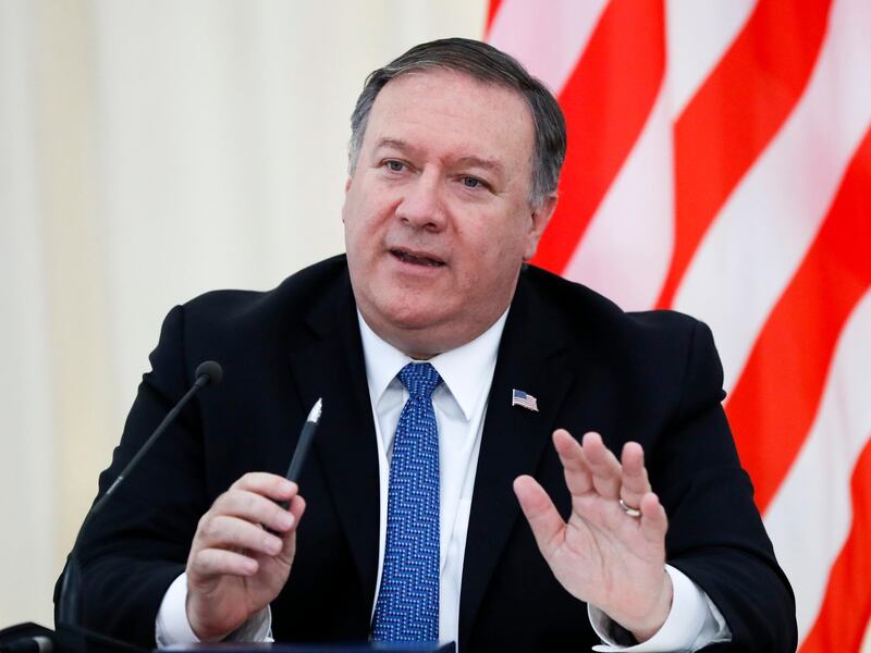 epa07570241 US Secretary of State Mike Pompeo gestures during his and Russian Foreign Minister Sergei Lavrov joint news conference after their talks in the Black Sea resort city of Sochi, southern Russia, 14 May 2019. Pompeo's first trip to Russia starts Tuesday in Sochi, where he and Russian Foreign Minister Sergei Lavrov are sitting down for talks and then having a joint meeting with Russian President Vladimir Putin.  EPA/PAVEL GOLOVKIN / POOL