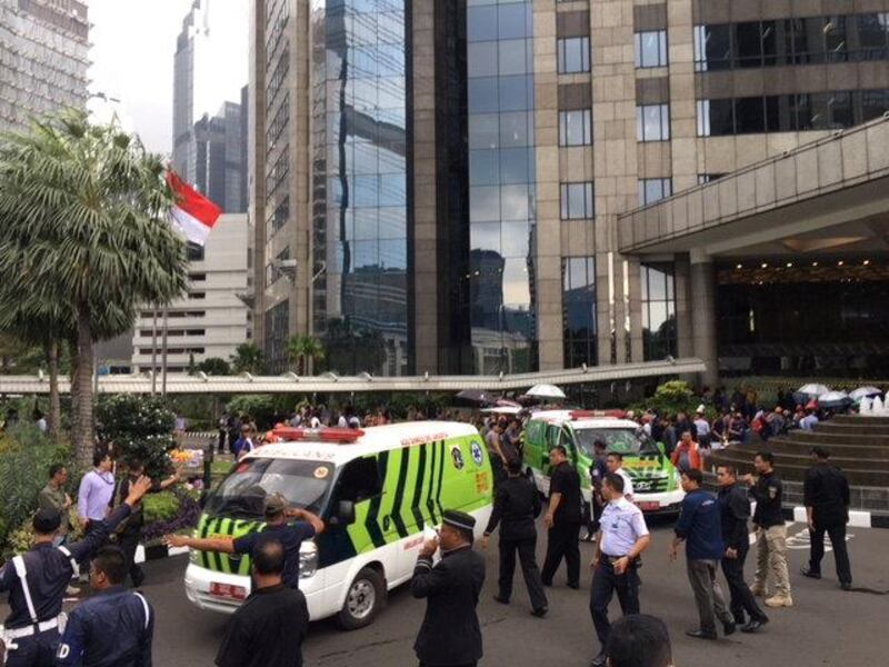 Ambulances are seen following reports of a collapsed structure inside the Indonesian Stock Exchange building in Jakarta, Indonesia, on January 15, 2018. Darren Whiteside / Reuters