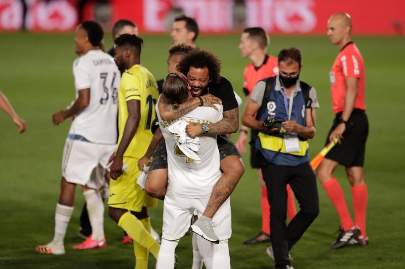 Real Madrid's players celebrate winning the La Liga title at the Alfredo Di Stefano Stadium. AP