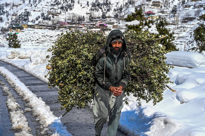 A man carries firewood along a snow-laden road in Kalam, Pakistan. AFP