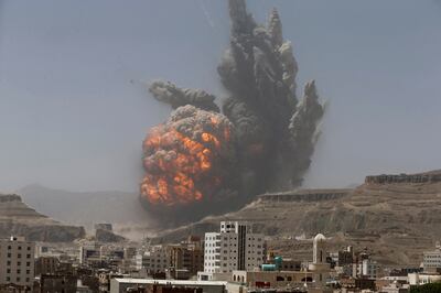 An air strike on an army weapons depot on a mountain overlooking Yemen's capital Sanaa April 20, 2015.  Reuters