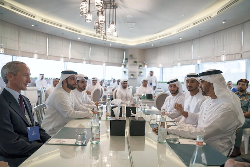 ABU DHABI, UNITED ARAB EMIRATES - September 20, 2017: HH Sheikh Mohamed bin Zayed Al Nahyan, Crown Prince of Abu Dhabi and Deputy Supreme Commander of the UAE Armed Forces (R) speaks with James Morse, President of the Rabdan Academy (L) during the inauguration of the Rabdan Academy.

( Mohamed Al Hammadi / Crown Prince Court - Abu Dhabi )
---
