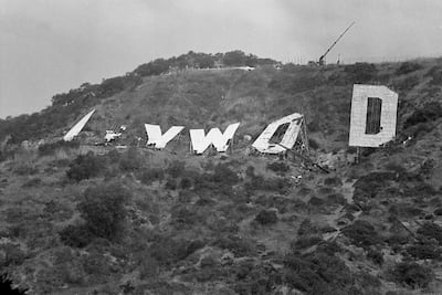 Workmen prepare to lower the last letter of the famed Hollywood sign on August 11, 1978, ahead of its restoration. AP Photo / Wally Fong