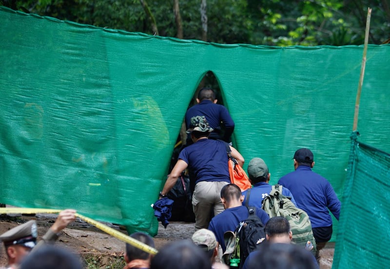 Military personnel walk inside the blocking area. EPA