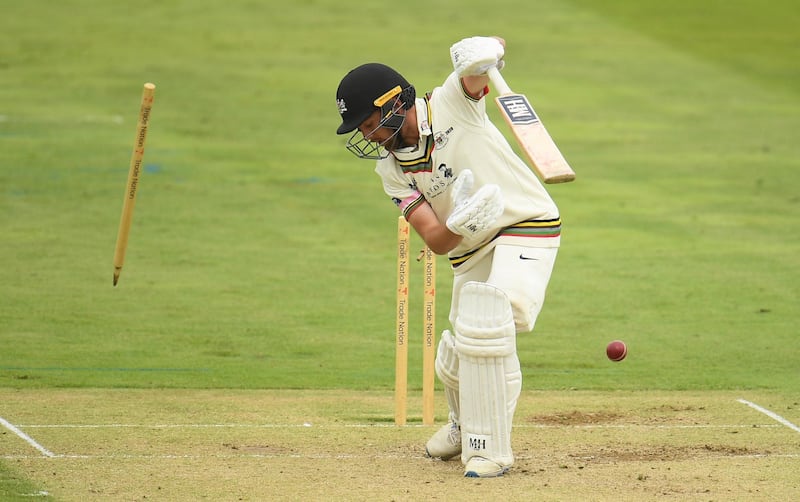 Gloucestershire  batsman Tom Lace is bowled by Somerset bowler Jack Brooks during Day 2 of the Bob Willis Trophy matchat the  County Ground in Taunton, England on Sunday August 23. Getty