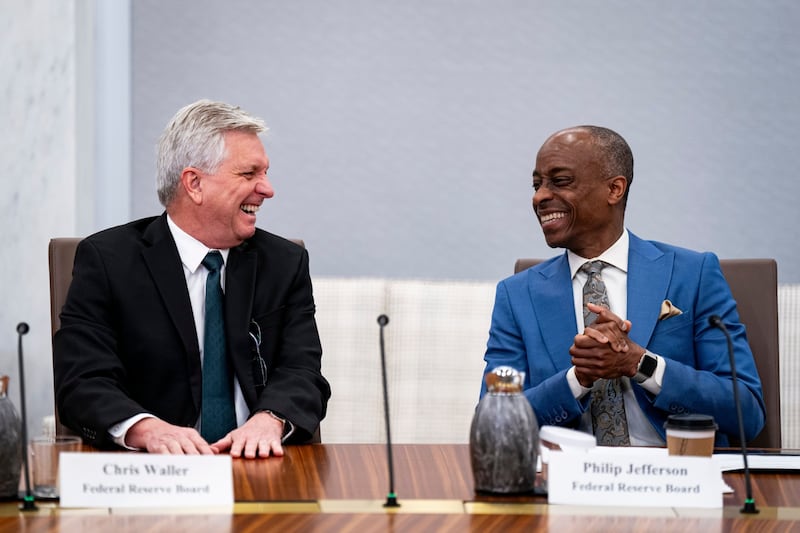 Fed Governor Christopher Waller (left) and Fed Vice Chair Philip Jefferson (right) at the Federal Reserve building in Washington. Bloomberg