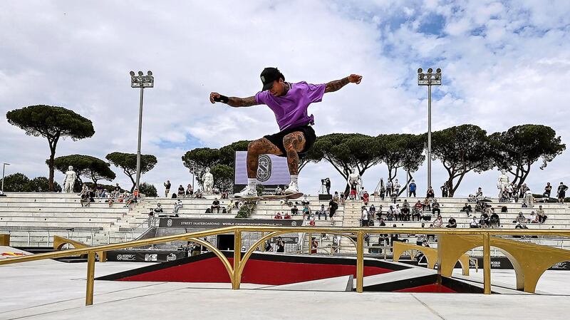 Nyjah Huston of the USA competes during practice at Pietrangeli Stadium at the Street Skateboarding World Championships at the Foro Italico in Rome, on Wednesday, June 2. EPA