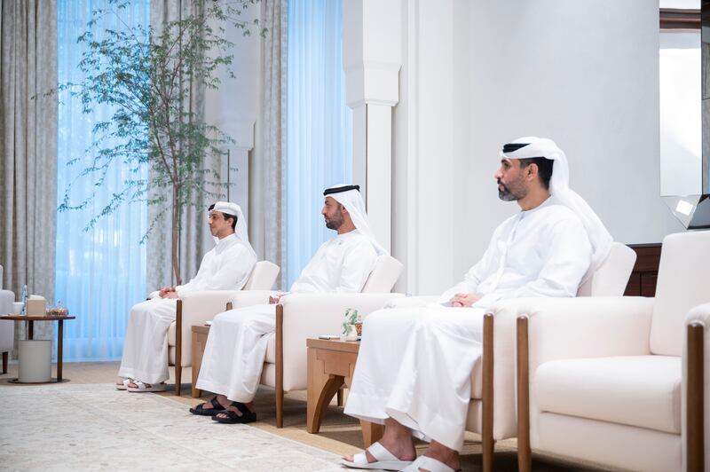 Sheikh Mansour bin Zayed, Deputy Prime Minister and Minister of Presidential Affairs, left, and Sheikh Mohammed bin Hamad bin Tahnoon, second left, attend the meeting with King Abdullah of Jordan (not shown), at Al Shati Palace. All photos: Rashed Al Mansoori / Ministry of Presidential Affairs