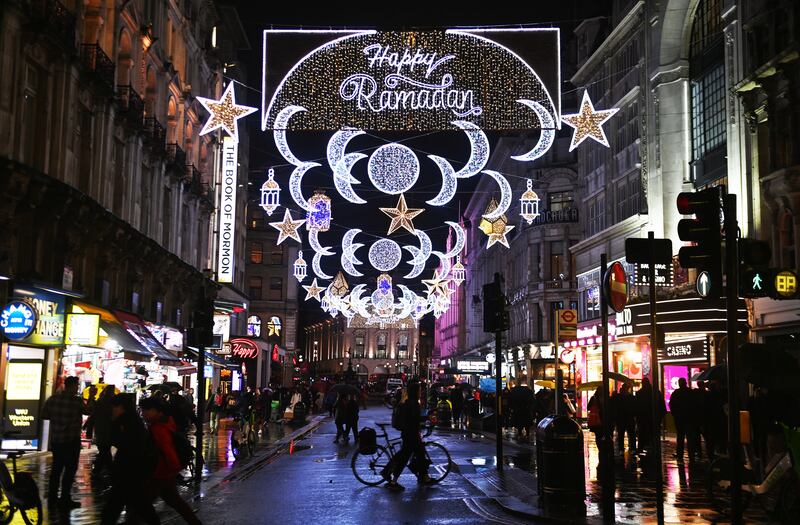 Lights celebrating Ramadan in the West End of London, on March 23. EPA