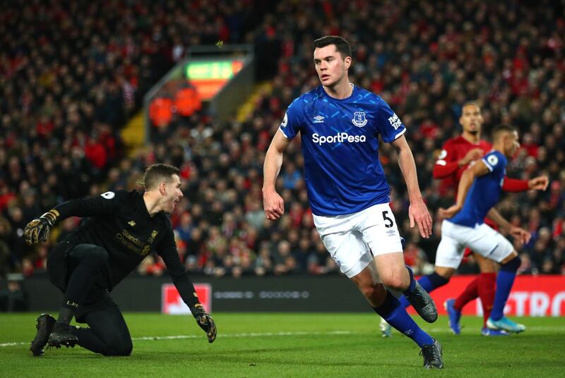 Michael Keane of Everton pulls a goal back at Anfield in the Mersey derby. Getty