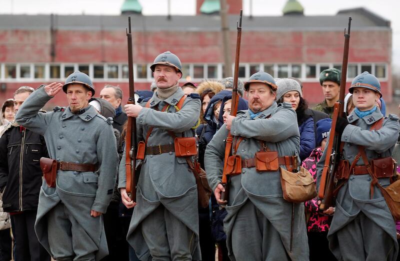 Members of military history clubs wearing World War One French military style uniforms  take part in a memorable celebrations in Tsarskoye Selo near St Petersburg, Russia. EPA