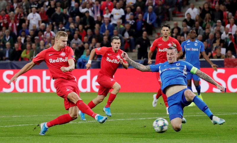 Salzburg's Erling Braut Haaland scores their first goal against Genk. Reuters