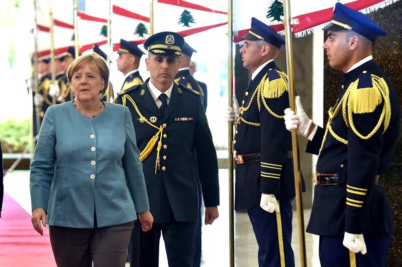 epa06830278 German Chancellor Angela Merkel arrives for a meeting with Lebanese President Michel Aoun (not pictured) at the Presidential Palace in Baabda, east Beirut, Lebanon, 22 June 2018. Chancellor Merkel arrived on 21 June for a two-day visit to Lebanon.  EPA/WAEL HAMZEH