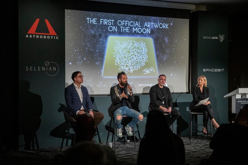 Sacha Jafri, second right, is on stage with James Khazaei, Co-Founder of Selenian and Pavlo Tanasyuk from Spacebit. 