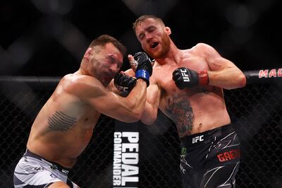Justin Gaethje lands a punch during his victory over Michael Chandler at UFC 268 in New York on November 6, 2021. AFP
