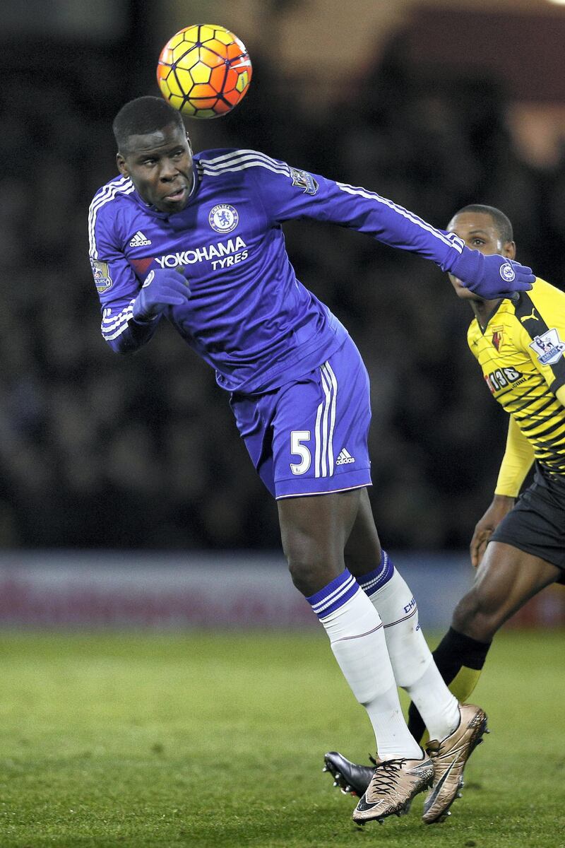 Chelsea's French defender Kurt Zouma heads the ball clear during the English Premier League football match between Watford and Chelsea at Vicarage Road Stadium in Watford, north of London on February 3, 2016. (Photo by ADRIAN DENNIS / AFP) / RESTRICTED TO EDITORIAL USE. No use with unauthorized audio, video, data, fixture lists, club/league logos or 'live' services. Online in-match use limited to 75 images, no video emulation. No use in betting, games or single club/league/player publications. / 